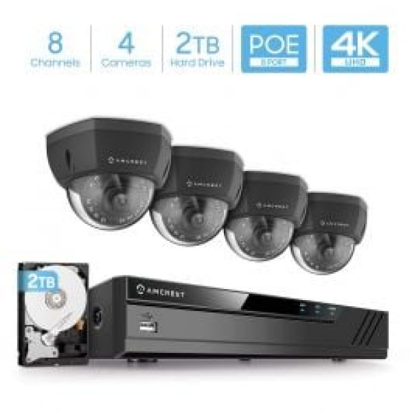 Amcrest 4K Security Camera System 8CH NVR 4x 4K Dome POE IP Cam 2TB Black