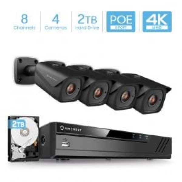 Amcrest 4K Security Camera System w/ 4K 8CH PoE NVR, (4) x 4K (8-Megapixel) IP67 Weatherproof Metal Bullet POE IP Cameras, 2.8mm Lens,...
